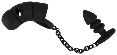 Silikonová klec cudnosti Black Velvets s análním kolíkem a řetízkem, černá, 11,5 cm - obrázek 4