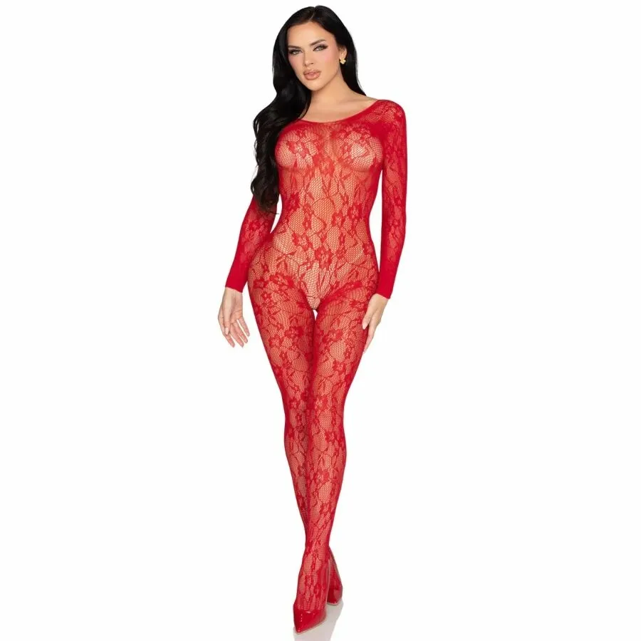 Krajkový bodystocking Leg Avenue 89366, červený, univerzální velikost - obrázek 2