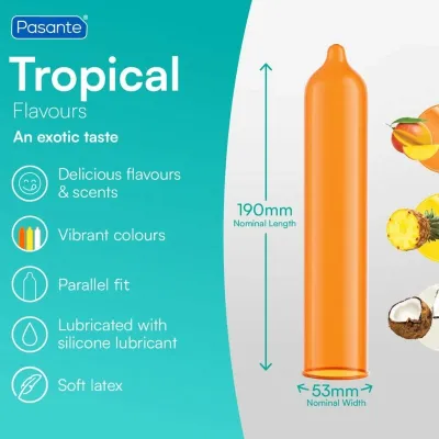 Kondomy Pasante Tropical s příchutí manga, ananasu a kokosu, 144 ks - obrázek 5