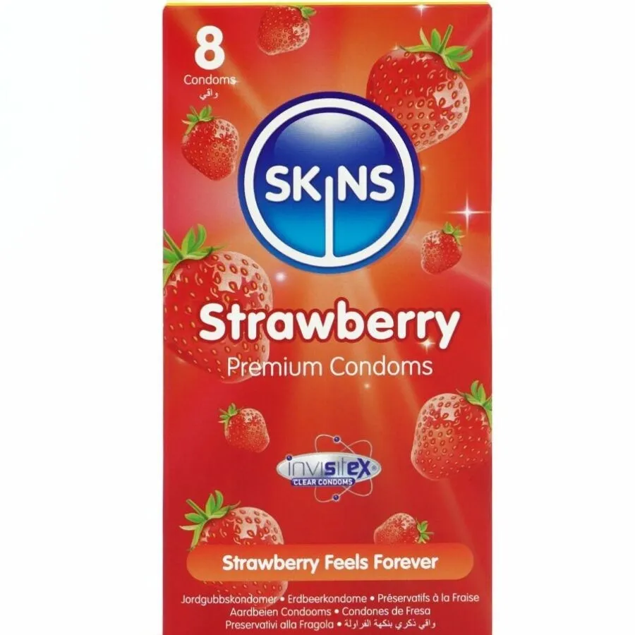 Kondomy Skins Strawberry s jahodovou příchutí, 8 ks