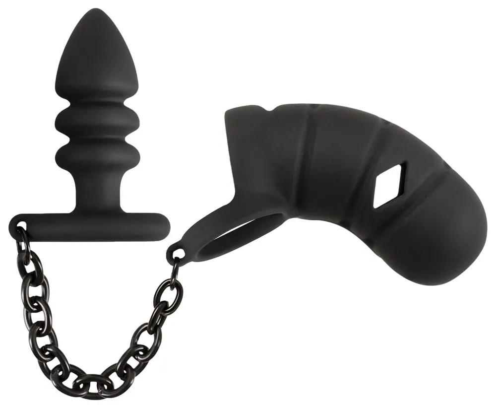 Silikonová klec cudnosti Black Velvets s análním kolíkem a řetízkem, černá, 11,5 cm - obrázek 2
