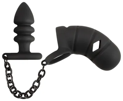 Silikonová klec cudnosti Black Velvets s análním kolíkem a řetízkem, černá, 11,5 cm - obrázek 2