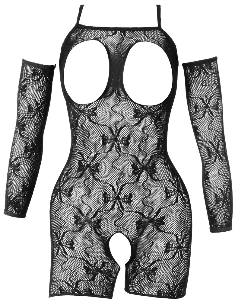Krajkový catsuit Cottelli Fantasy s otevřeným rozkrokem a návleky na paže, černý, L/XL - obrázek 6