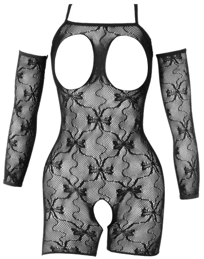 Krajkový catsuit Cottelli Fantasy s otevřeným rozkrokem a návleky na paže, černý, L/XL - obrázek 6
