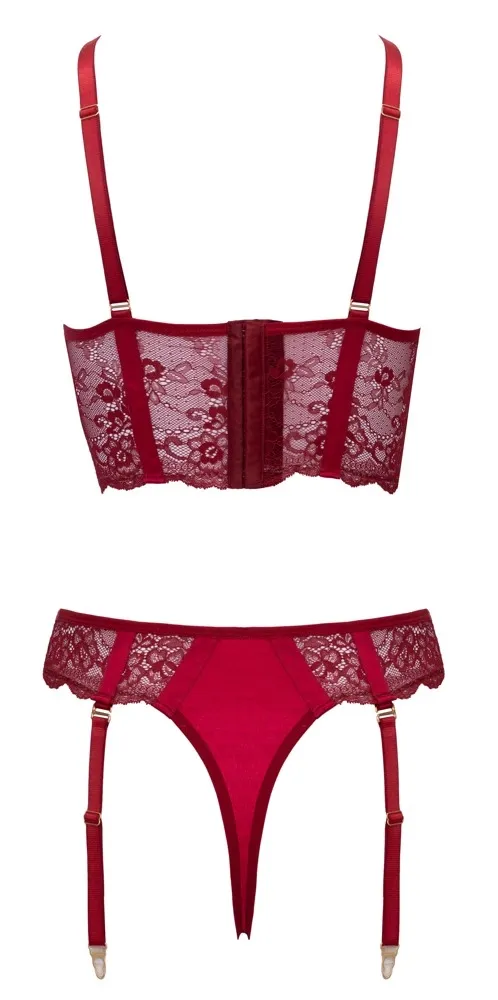 Krajkový komplet Cottelli LINGERIE s řetízky a podvazky, tmavě červený, S - obrázek 8