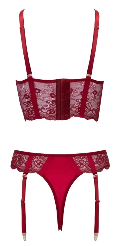 Krajkový komplet Cottelli LINGERIE s řetízky a podvazky, tmavě červený, S - obrázek 8