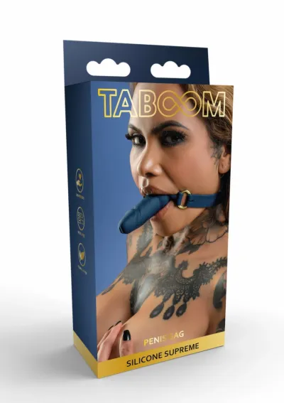 Silikonový roubík TABOOM s kuličkou a penisem, nastavitelný pásek, černý - obrázek 3