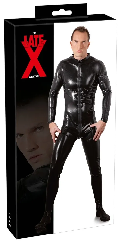 Pánský latexový overal Cottelli Collection s třícestným zipem, černý, XL