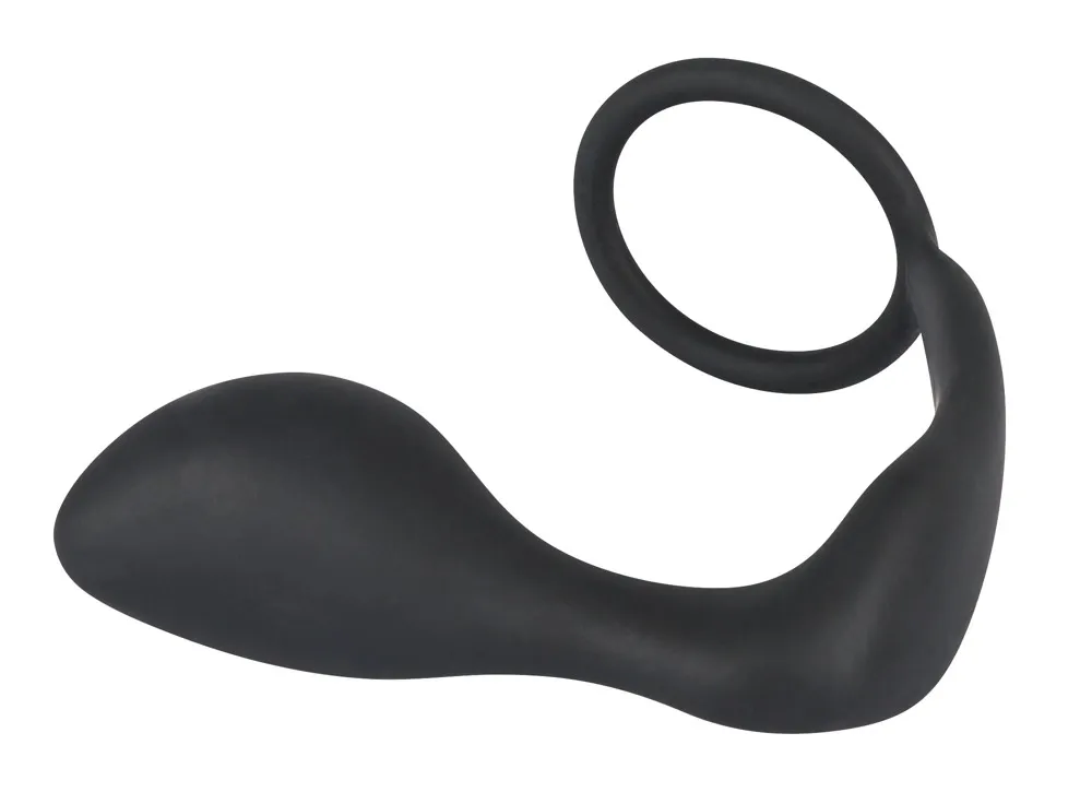 Erekční kroužek s análním kolíkem Black Velvets Duo System, silikon, černý - obrázek 6