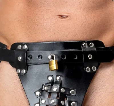 Pánský kožený jockstrap ZADO, uzamykatelný, s kovovými cvoky, černý - obrázek 9