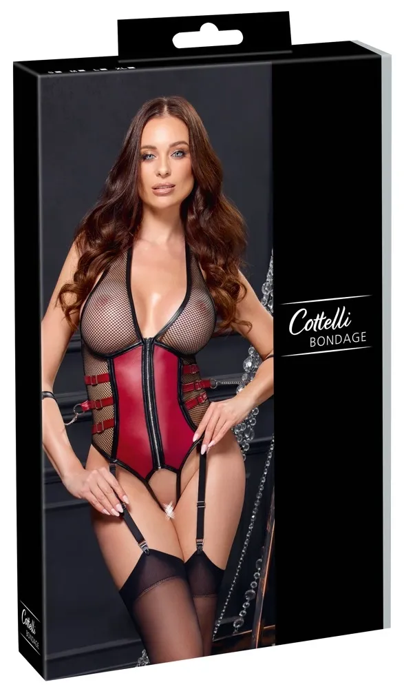 Body Cottelli BONDAGE s otevřeným rozkrokem, síťovinou a pouty na ruce, S