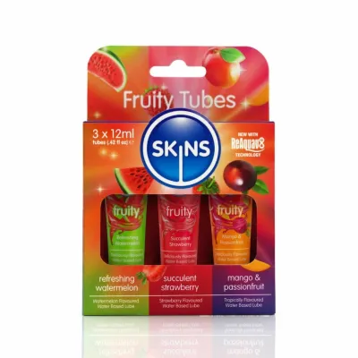 Sada lubrikačních gelů s příchutí Skins Fruity, meloun, jahoda, mango, 3 x 12 ml - obrázek 2