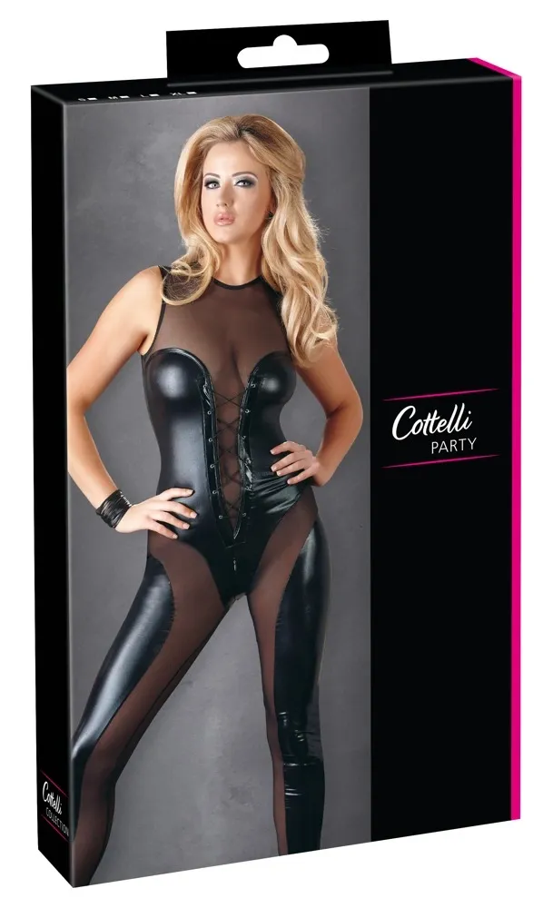 Wetlook overal Cottelli Collection s průsvitným powernetem a šněrováním, černý, S