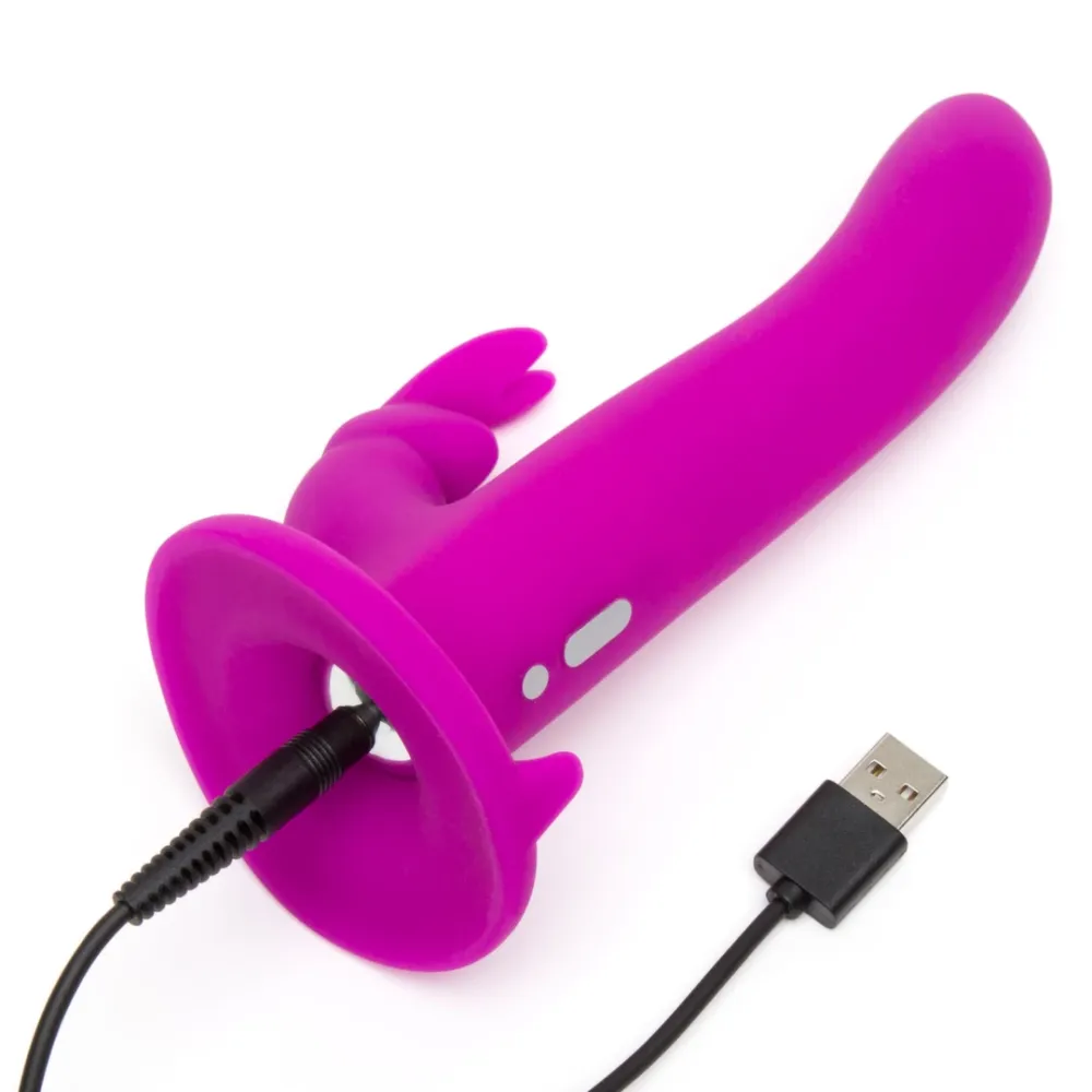 Vibrační strap-on s postrojem Happy Rabbit, silikonový, 15 režimů, fialový - obrázek 5