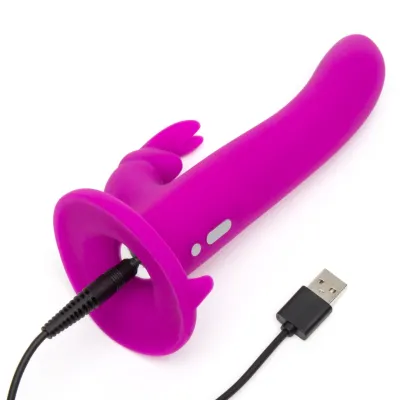 Vibrační strap-on s postrojem Happy Rabbit, silikonový, 15 režimů, fialový - obrázek 5