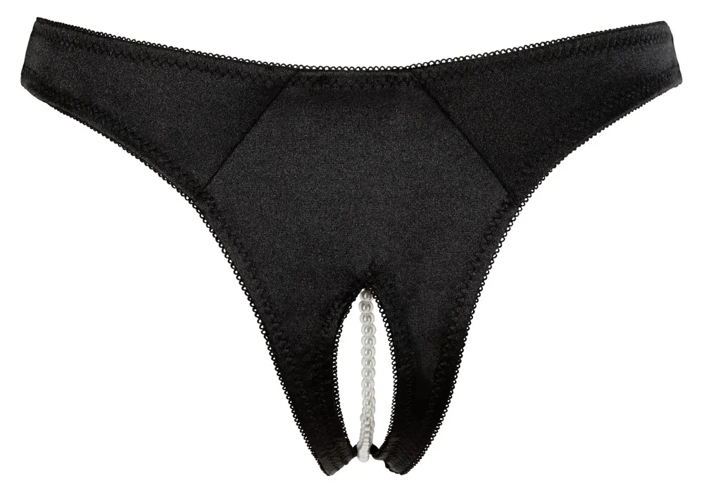 Saténová tanga s perlami a otevřeným rozkrokem Cottelli Collection, černá, L - obrázek 7
