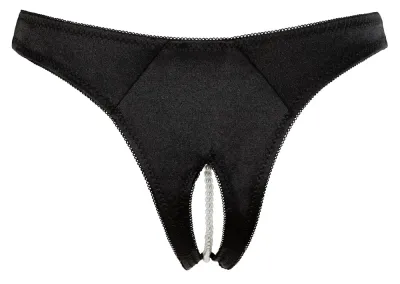 Saténová tanga s perlami a otevřeným rozkrokem Cottelli Collection, černá, L - obrázek 7
