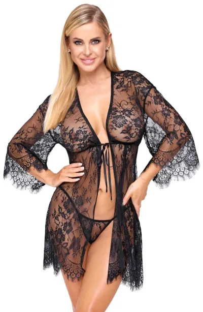 Krajkové kimono Cottelli LINGERIE se saténovou stužkou a tangami, černé, S/M - obrázek 2