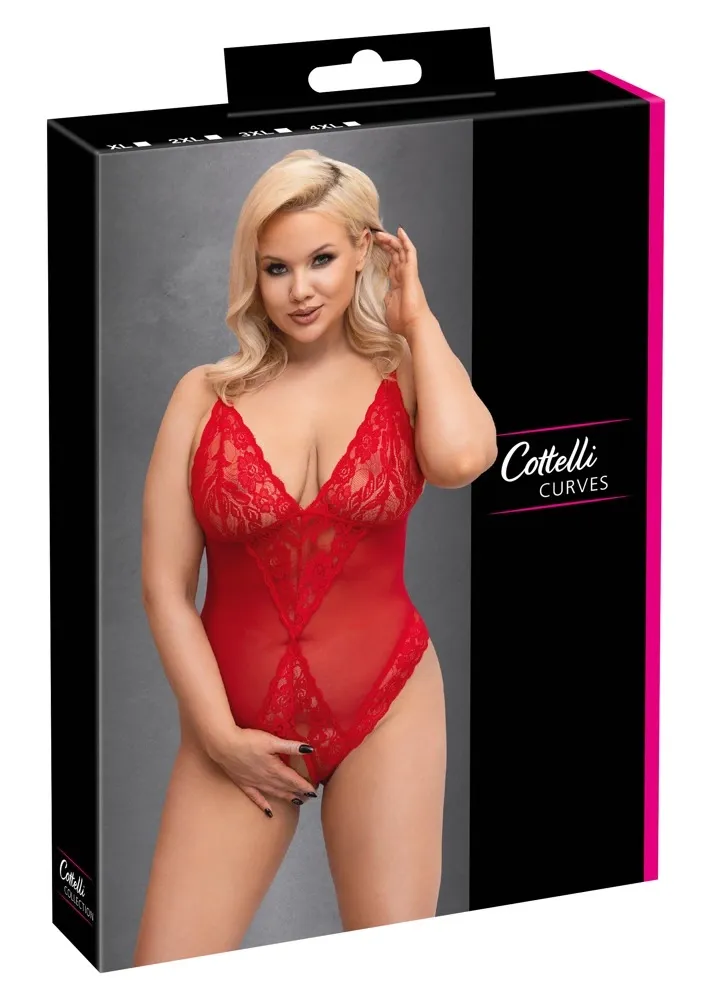 Průsvitné body Cottelli Curves s otevřeným rozkrokem, červené, XL