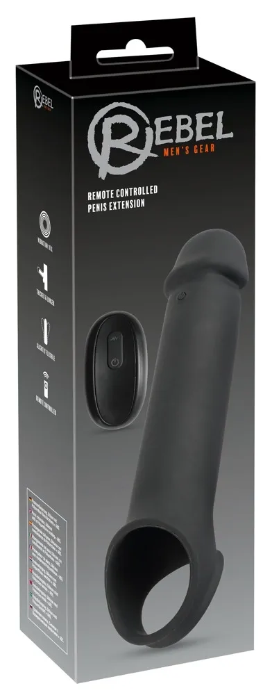Vibrační prodlužovací návlek na penis Rebel RC, o 8 cm, dálkové ovládání, černý