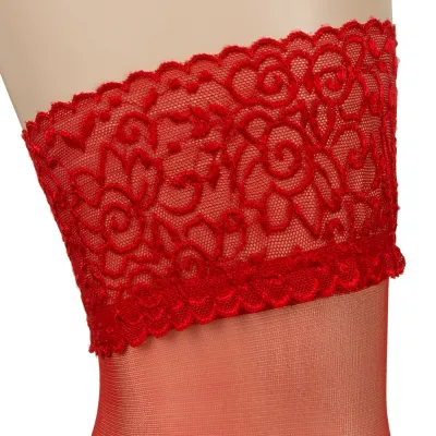 Samodržící punčochy Cottelli Collection s krajkovým lemem, červené, 17 DEN, velikost 4 - obrázek 5