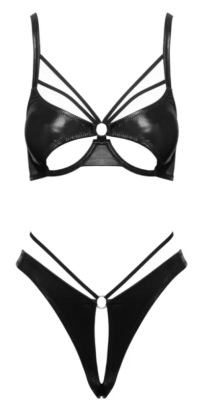Komplet Cottelli LINGERIE, podprsenka s otevřenými košíčky a otevřená tanga, wetlook, černý, S - obrázek 5