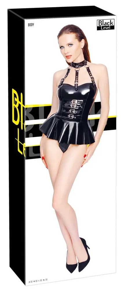 Vinylové body Black Level s rozšířenou sukýnkou a nastavitelnými pásky, černé, L