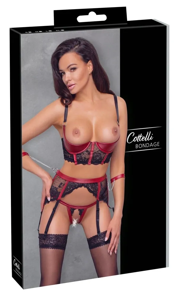 Komplet s otevřenou podprsenkou a pouty Cottelli Bondage, černo-červený, L