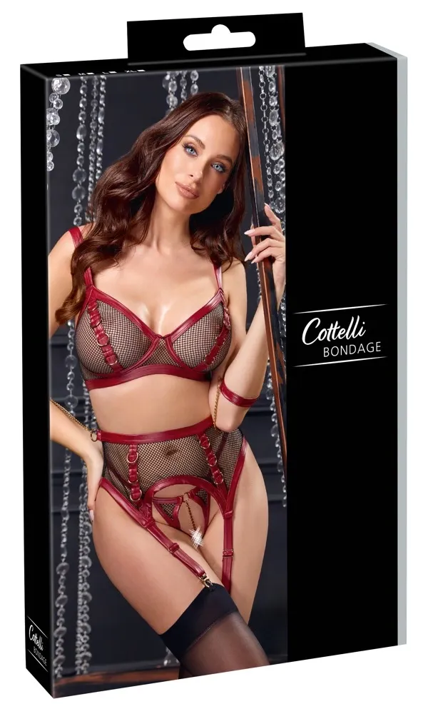Komplet Cottelli BONDAGE, podprsenka, podvazkový pás, tanga a pouta, černo-červený, S