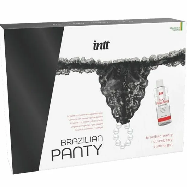Perlová tanga INTT Brazilian Panty, černá, s jahodovým lubrikačním gelem 50 ml