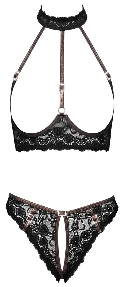 Krajkový komplet Cottelli LINGERIE s otevřenými košíčky a rozkrokem, černý, S - obrázek 6