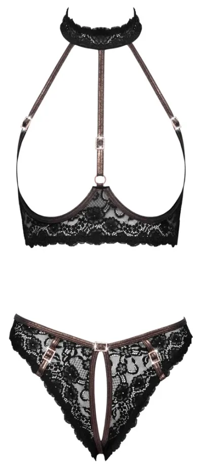 Krajkový komplet Cottelli LINGERIE s otevřenými košíčky a rozkrokem, černý, S - obrázek 6