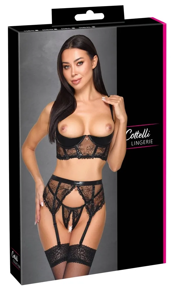 Komplet Cottelli LINGERIE, podprsenka s polovičními košíčky, wetlook a flitry, černý, 75B/S