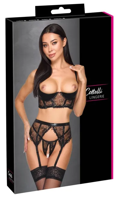 Komplet Cottelli LINGERIE, podprsenka s polovičními košíčky, wetlook a flitry, černý, 75B/S