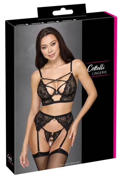Krajkový komplet Cottelli LINGERIE, podprsenka, podvazkový pás a tanga, černý, 75B/S