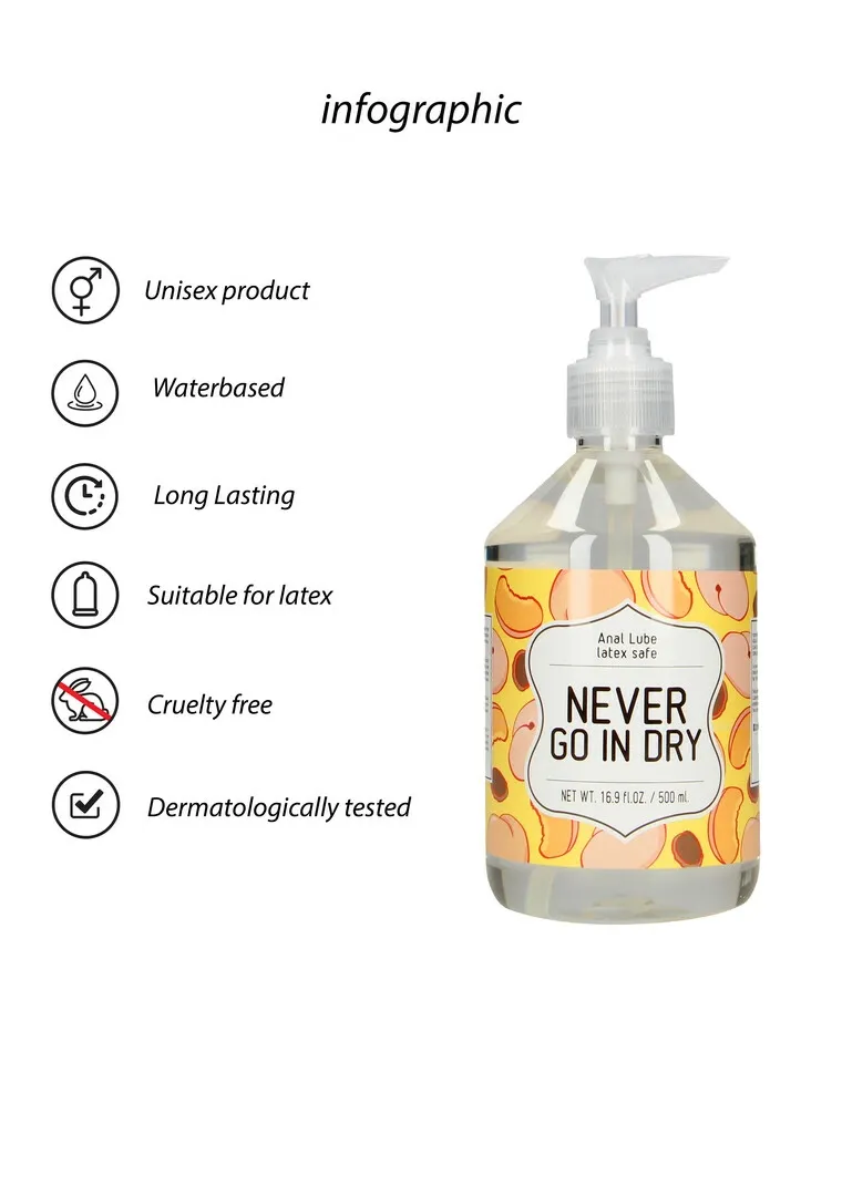 Anální lubrikační gel na vodní bázi Never Go In Dry, 500 ml - obrázek 6