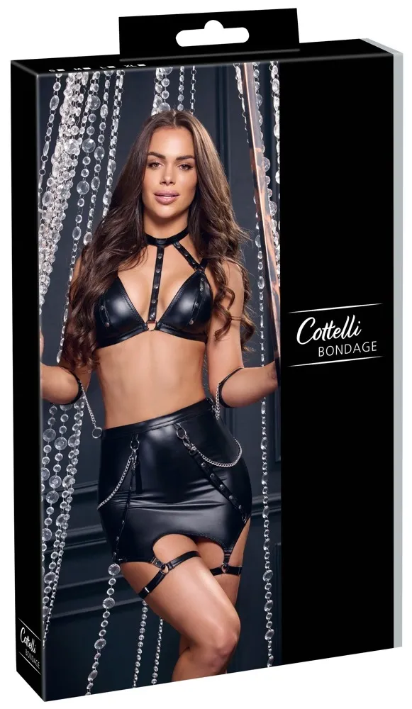 Souprava podprsenky a minisukně Cottelli Bondage Top & Skirt Set, matně černá, S