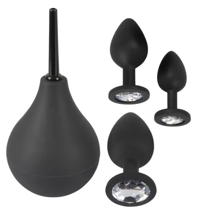 Anální sada Black Velvets, klystýr a 3 anální kolíky se šperkem, silikon - obrázek 2