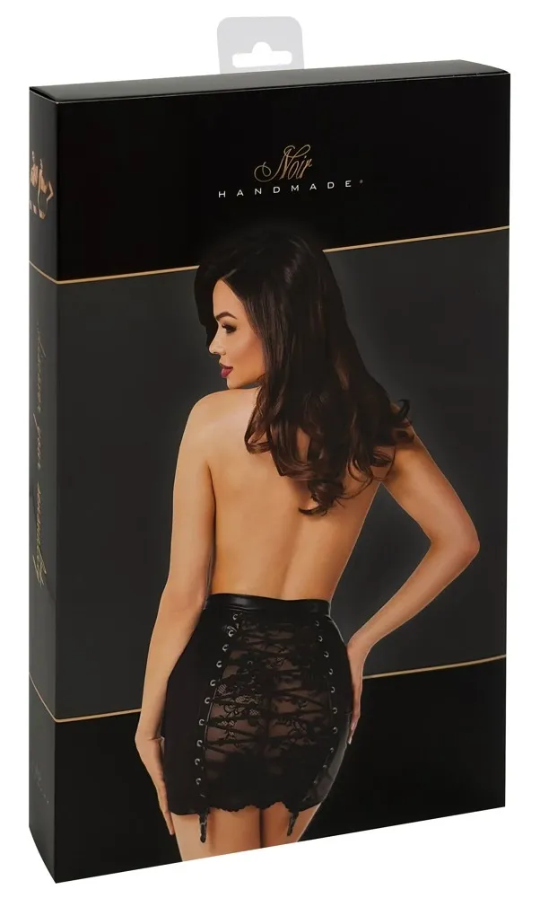 Minisukně Noir Orgia, wetlook s krajkou a šněrováním, černá, S