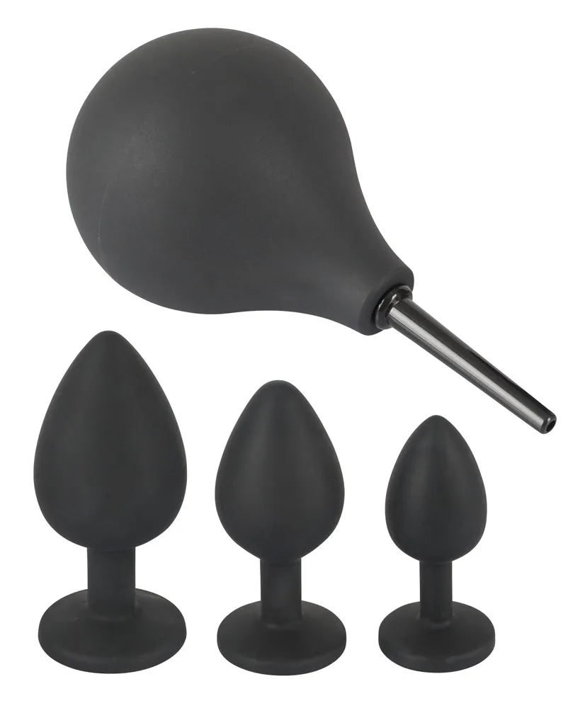 Anální sada Black Velvets, klystýr a 3 anální kolíky se šperkem, silikon - obrázek 3