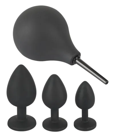 Anální sada Black Velvets, klystýr a 3 anální kolíky se šperkem, silikon - obrázek 3
