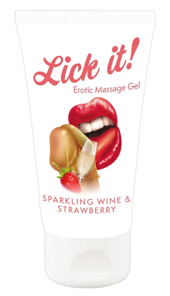 Masážní gel Lick it! Wine-Strawberry na vodní bázi, jahoda a sekt, 50 ml