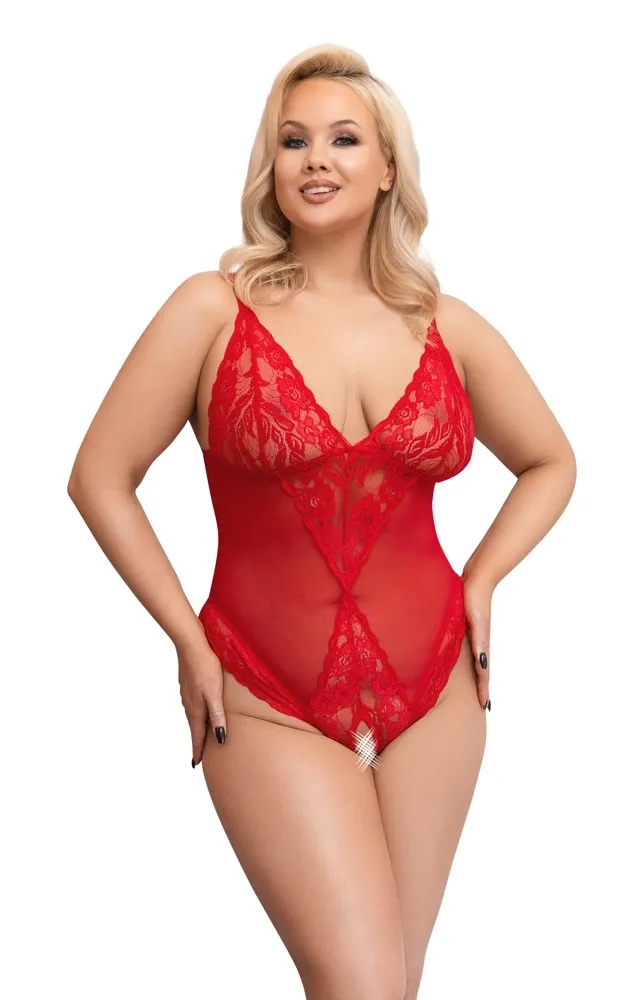 Průsvitné body Cottelli Curves s otevřeným rozkrokem, červené, XL - obrázek 2