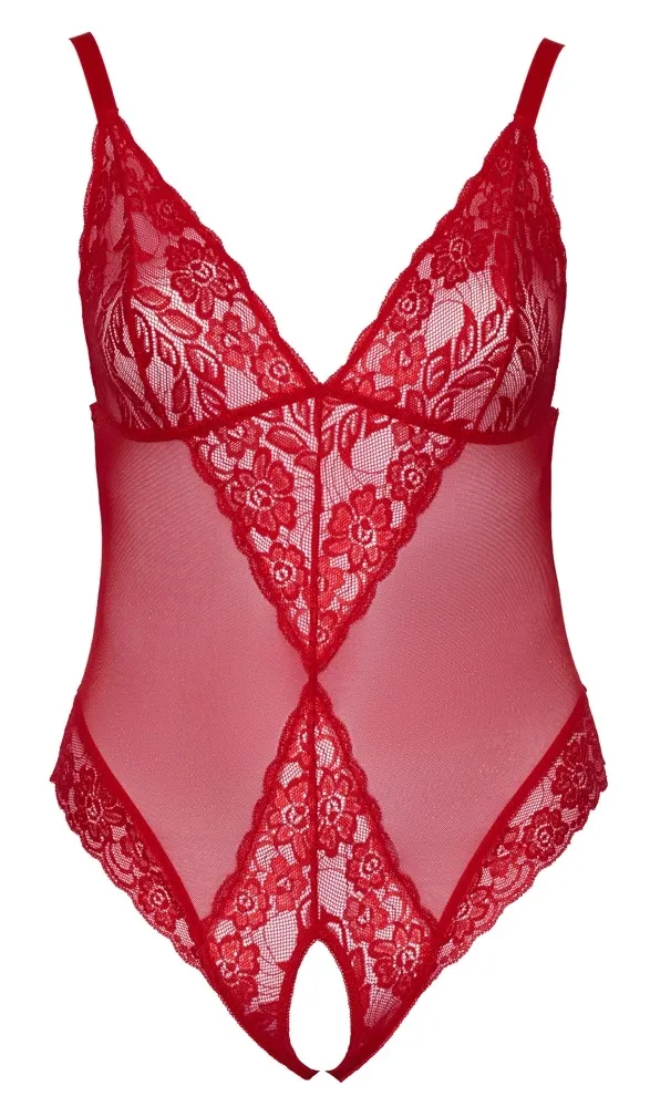 Krajkové body Cottelli Curves s otevřeným rozkrokem, síťovina, červené, 3XL - obrázek 6