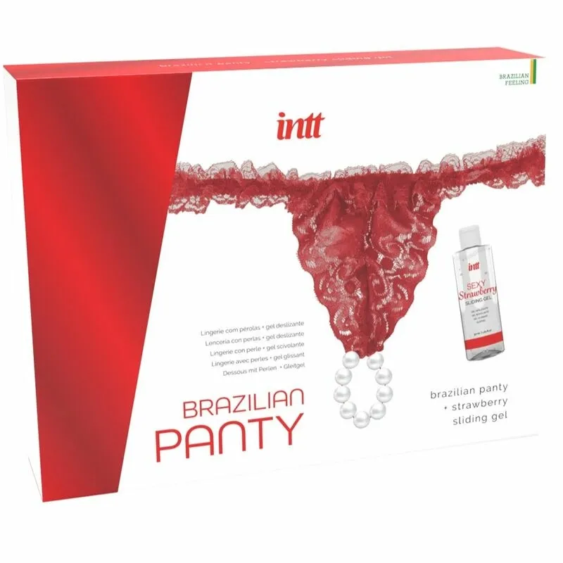 Perlová tanga INTT Brazilian Panty, červená, s jahodovým lubrikačním gelem 50 ml