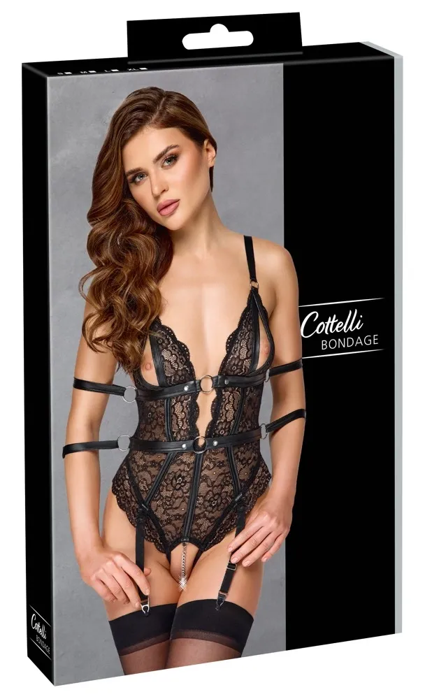 Krajkové body Cottelli BONDAGE s pouty a otevřeným rozkrokem, černé, S