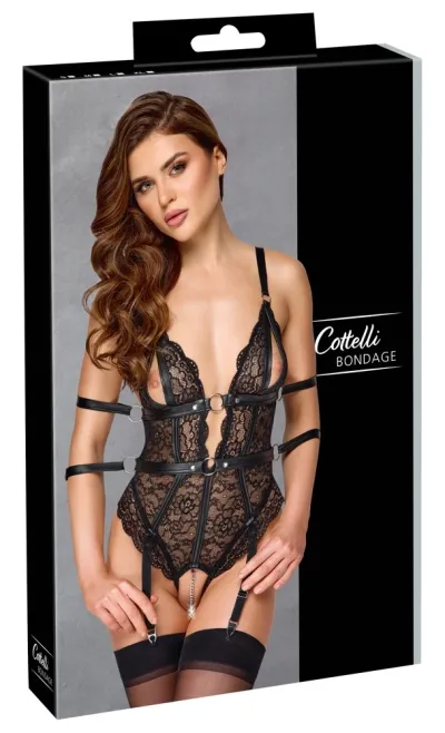 Krajkové body Cottelli BONDAGE s pouty a otevřeným rozkrokem, černé, S