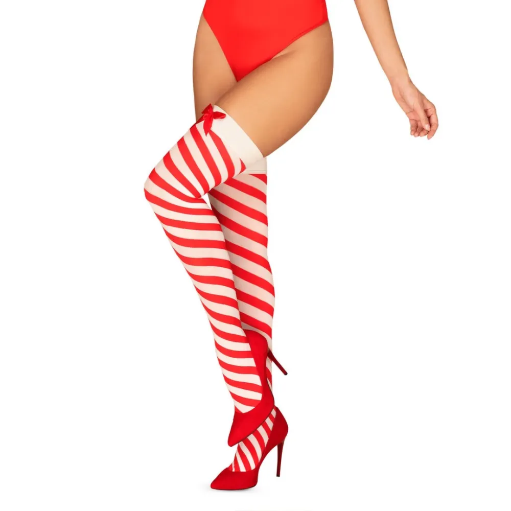 Samodržící punčochy Obsessive Kissmas s mašličkami, červeno-bílé pruhy, L/XL