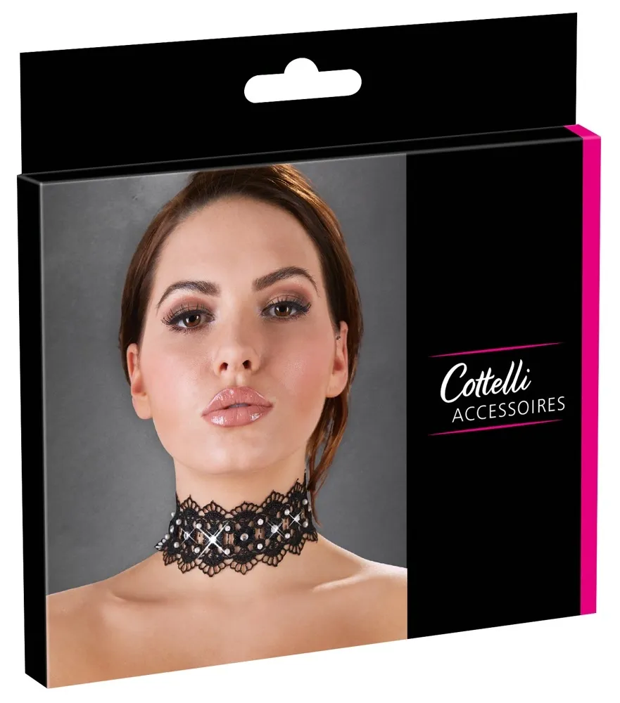 Vyšívaný choker s perlami a kamínky Cottelli Collection, černý, 36 cm