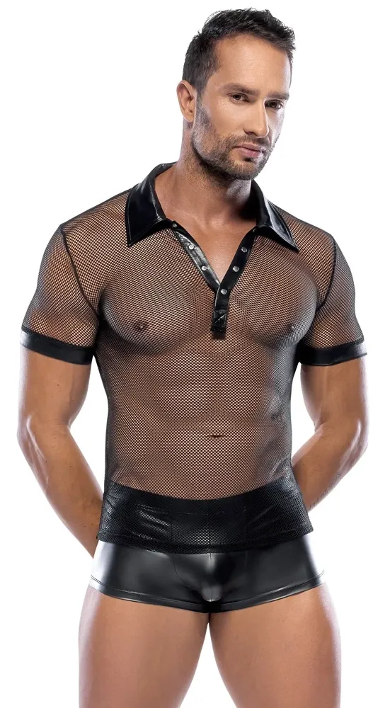 Pánská polokošile Svenjoyment, wetlook a síťovina, patentky, černá, M - obrázek 6